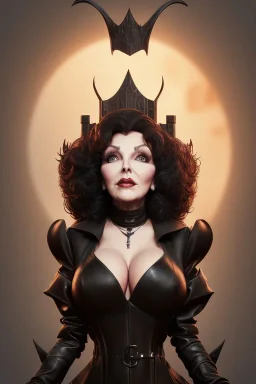 Joan Collins as evil queen in black leather, leather, busty, cleavage, angry, stern look. character design by cory loftis, fenghua zhong, ryohei hase, ismail inceoglu and ruan jia. unreal engine 5, artistic lighting, highly detailed, photorealistic, fantasy