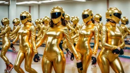 Hyperrealistisch dutzende Rollergirls völlig verhüllt von golden glänzendem Ganzkörper-Zentai mit geschlossenem verspiegelten Visier in identischen goldfarbenen, geschlossenen Helmen fahren in präziser Formation parallel nebeneinander und hintereinander mit Rollschuhen