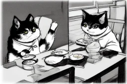 A cat wearing clothes is sitting at a table eating sushi. Manga style. Perfect iris. Paws. Mug with cat face