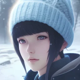 Anime portrait of a 17 years old girl with blue short hair, a beanie, in the snow, backround the mountains, full shot, atmospheric lighting, detailed face, by makoto shinkai, stanley artgerm lau, wlop, rossdraws