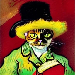 oil portrait of a cat with hat reading a book and smoking with wooden tobacco pipe by Van Gogh 4k