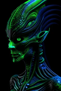 Alien 6 feet, with a slender and graceful figure. skin is a mesmerizing blend of deep, dark, reminiscent of a moonlit forest.midnight blue, emerald green, and deep purple. The skin is intricate patterns that resemble constellations, eyes are large, glowing with an eerie, phosphorescent light.a piercing shade of neon green,aura.face is framed by long, flowing tendrils of bioluminescent hair, reminiscent of glowing jellyfish tentacles.