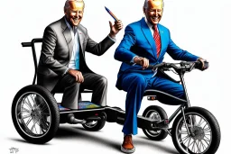 true-to-life pencil and color marker portrait of realistic joe biden riding a tricycle, with an extra set of carrying wheels and rollcage for safety, by kim jung gi