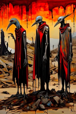 long-legged surreal lean black-grey figures with beak-shaped heads in overcoat, profile, semi-silhouettes among ramshackle ruins in a barren landscape of red, yellow, black and beige colors, intricate acrylic painting