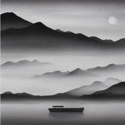 three layers of mountains lit by sunset in the background, shimmering lake in the front with a single small gray boat, pale mono-color, in the style of ancient chinese ink wash painting