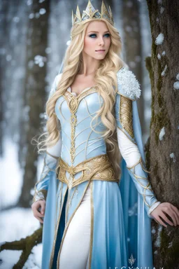 Full body Photography Beautiful Elven princess,blonde gold hair,rapunzel hair,very long hair,elven crown, light blue, white, ice, glitter,sparkle,ice flowers,elven ears,fairy princess, ice fairy,golden armor,ice crystals