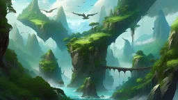 Peaks of rock and vegetation that float in the air, linked by bridges of roots and vines. These mountains are inhabited by winged creatures and tribes that move from one island to another in flying boats.