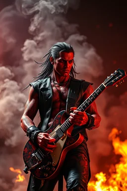 A rock star playing the guitar, looking at you, red skin, smoke in the background , scales, unreal engine 6, high detail, intricate, cinematic. photoshoot style, intricate, studio lighting, masterpiece , highly detailed, 8k, best quality, fire, smoke, dramatic,d,<lora:mshn:0.7>,<lyco:Warrior_Couture:0.5>,