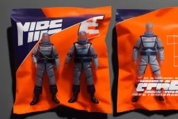 Mike pence G.i. Joe toy Space force uniform With Extra guns inside a blister packaging hanging on a Wallrack in toystore, fluorescent orange, toy guns, wide angle shot whole body, black moonboots, fullsize