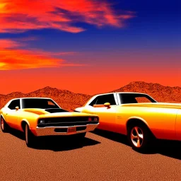 muscle car, desert road, sunset, full colour, realistic