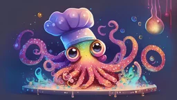 'Chef Octopus' - a colourful magical octopus in a chef hat, getting ready to cook dinner; cute, cartoon style, big eyes, adorable, glittery, sparkly, radiant, glowing, kitchen, magical
