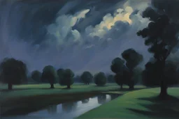 Trees, night, clouds, one person, 2000's sci-fi movies influence, alfred munnings impressionism painting