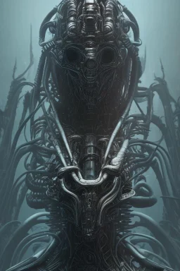 evil predator with crown, alien, brutal face, tron, head, burn eyes, 8k, finely detailed, dark light, photo realistic, hr giger, cyberpunk