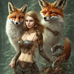 très belle femme à tête de renard multicolore guerrière sourire heroic fantasy dans une forêt de sapins brouillard