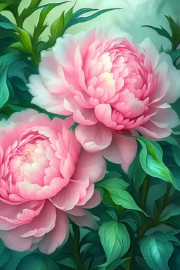 Watercolor pink peony bush, many leaves, ultra-detailed plant, summer, sun, evening, rain, beautiful landscape, fog, many details, subtle sensuality, realism, high quality, 3d, work of art, hyperdetalization, professionally, filigree, misty haze, hyperrealism, professionally, transparency, delicate pastel tones, backlight. The contrast is fantastic, unreal, translucent, luminous, clear lines