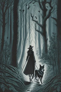 in the style of a Henry Justice Ford drawing, a beautiful witch walks through a dark forest, ahead of her is a dog