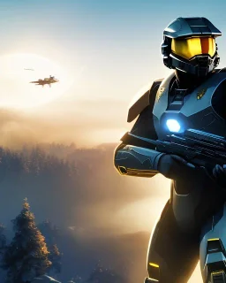 Halo, master chief, holding an energy sword fighting a hunter