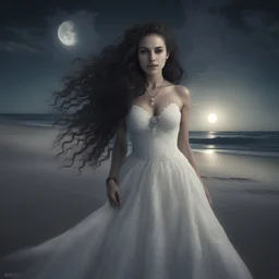 Beautiful smily brazilian young lady with long dark curly hair wearing an elegant gothic style white dress made entirely out of lace on the beach during moonlight romantic night breathtaking scene 3d hd whimsical stylized gothic fractal recrusive scene