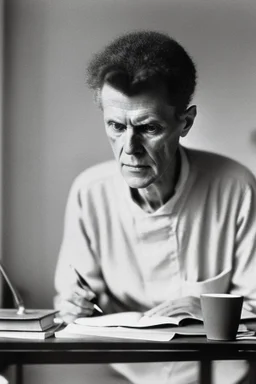 [character: Wittgenstein reading at a desk] In the quiet solitude of Ludwig Wittgenstein's study, the morning light gently caressed the contours of the room, casting a soft radiance upon the weathered desk at its center. But what drew the eye most profoundly was the figure of Wittgenstein himself, sitting with an air of contemplation and intensity that seemed to transcend time. His face, etched with lines that spoke of a lifetime of deep thought and introspection, held a certain enigmatic allur