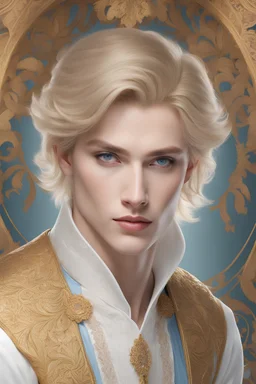 A 23-year-old man, perfect and masculine beauty, white skin, golden blond hair, very light, shoulder-length, muscular slim body, expressive blue eyes, black social tailcoat with white caps with brocades and lace. Hair styled with gel