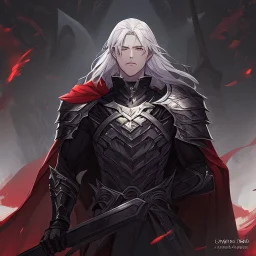 Vampire knight, young man, handsome, long white hair, black full plate armor, red cape