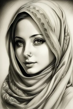 Draw me a picture of my beloved Mays, with beautiful big brown eyes, wearing her hijab, and with smooth, white skin