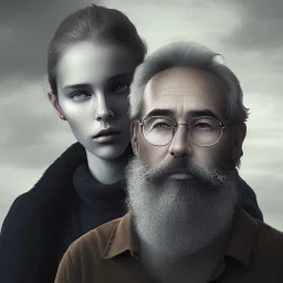 a young woman sitting next to a 50-year-old man with a beard and short hair, portrait, 8K, close-up face, anatomically perfect face, Highly detailed stunning full frame portrait, misty and cloudy atmosphere