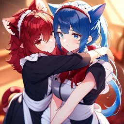 Clear Focus, High resolution, wearing a maid uniform, fluffy hair and a long ponytail, blue hair, cat ears, meowing, hugging another girl with red long fluffy hair also wearing a maid outfit, looking at you