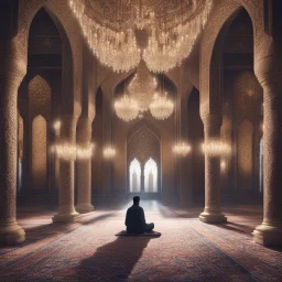 Hyper Realistic man doing sajdah inside a beautifully crafted mosque with fancy walls & pillars, chandeliers & beautiful carpet at night