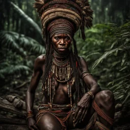 Behold the powerful alluring and pretty african congo shaman woman, her body adorned with with rutual paintings, in the middle of congo jungle. intricate details, HDR, beautifully shot, hyperrealistic, sharp focus, 64 megapixels, perfect composition, high contrast, cinematic, atmospheric, moody