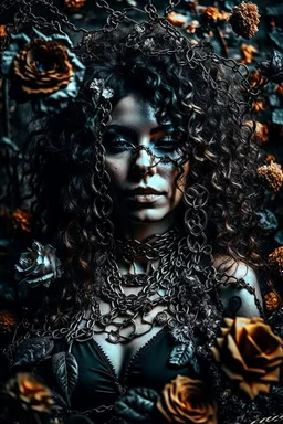 abstract creation of a beautiful girl with black curly hair, surrounded by black roses, thick metal chain broken, glass petals on the ground, autumn colours,dried out thorn bush, chaos,