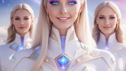 cosmic woman ,beautiful ufos rainbow, admiral from the future, galactic confédération, fine whole face, crystalline skin, expressive purple eyes,rainbow, smiling lips, very nice smile, costume pleiadian, Beautiful tall woman pleiadian Galactic commander, ship, perfect datailed golden galactic suit, high rank, long blond hair, hand whit five perfect detailed finger, amazing big puple eyes, mouth, high définition lips, cosmic happiness, bright colors