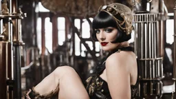 Full Body, burlesque dancer looking to the right, With A Bob With A Fringe Hairstyle, 1920s clothing, Steampunk,