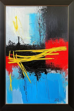 an abstract painting featuring a blend of colors. Dominant shades of blue, black, and red create intriguing patterns across the canvas. Streaks of yellow intersect, forming geometric shapes. The painting is framed in a simple black frame. Its abstract nature invites various interpretations.
