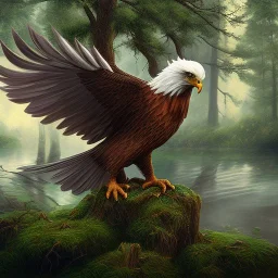 eagle full body lake and forest backround