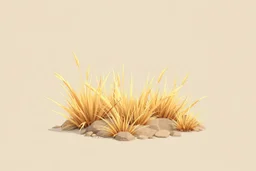 Isolated concept art of stylized alien dry grass on a plain neutral background. Simple low-poly design with minimal details, suitable for 3D modeling. The grass should look slightly alien — with unusual blade shapes, subtle color variations, and dry, brittle texture. Colors range from dusty yellow, ochre, muted green, and pale orange, blending naturally with desert or rocky terrain. No background, no shadows, clear separation of each grass clump, consistent lighting. Digital painting style