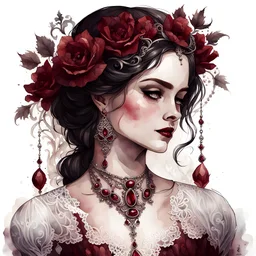 watercolor gothic vintage a woman's jewellery, dark red with flowers, white lace and rubies, white background, Trending on Artstation, {creative commons}, fanart, AIart, {Woolitize}, by Charlie Bowater, Illustration, Color Grading, Filmic, Nikon D750, Brenizer Method, Side-View, Perspective, Depth of Field, Field of View, F/2.8, Lens Flare, Tonal Colors, 8K, Full-HD, ProPhoto RGB, Perfectionism, Rim Lighting, Natural Lightin