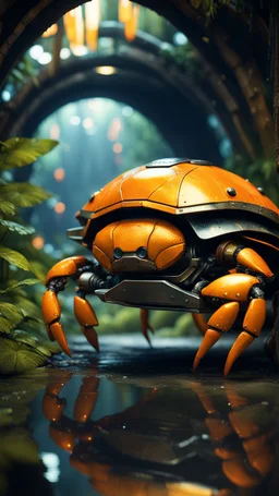 magazine cover, metallic yellow orange crab turtle robot chivalry knight with cute face in dark lit reflective wet jungle metallic hall dome hotel tunnel, in the style of fallout 4 game,bokeh like f/0.8, tilt-shift lens 8k, high detail, smooth render, down-light, unreal engine, prize winning