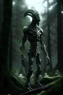 extremely realistic 4k highly-detailed image of a tall muscular silver metallic xenomorph, seen from a distance, standing in a mossy field in a mystical forest. dark green tones, fairytales, happiness