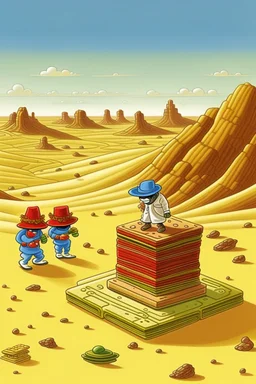 giant old traditional matchbox with pepe on the top smoking in the desert with small people around n the style of Hiroshi Nagai