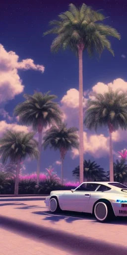 1980's aesthetic vaporwave palm trees and spheres and Porsche with lightning