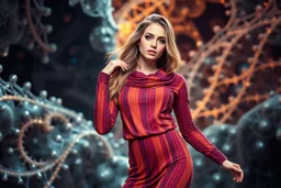 beautiful lady in sureal stage made of fractal random size sphers with helical strip colors in clothing similar to environment fullbody posing to camera