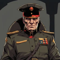 old evil male commander. sneering expression, dark short hair,