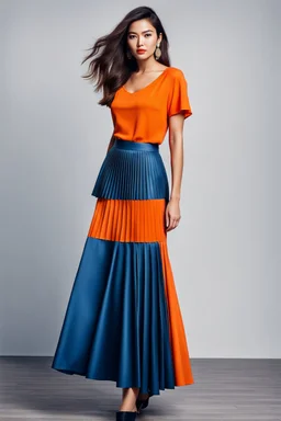 fullbody shot of young-beautiful-ozbek-with-a-perfect-face-with-make-up-wearing-orange top and midi pleated blue skirt