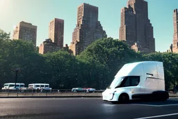 A Tesla 'Semi' (semi truck) is parked, in 'Central Park' in New York City. (CINEMATIC, WIDE ANGLE LENS, PHOTO REAL)