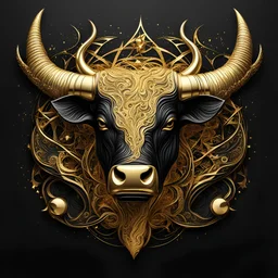 Awesome logo of a Bull's head, line art, gold and black. black background with lots of gold stars detailed matte painting, deep color, fantastical, intricate detail, splash screen, complementary colors, fantasy concept art, 8k resolution trending on Artstation Unreal Engine 5 abstract vector fractal, wave function, Zentangle, 3d shading