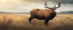 an Elk in a prairie field, detailed fantasy illustration, low muscle tone