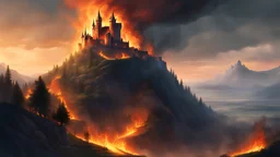 burning castle on the hill, fantasy art