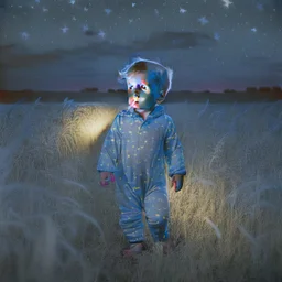 toddler wearing pyjamas in a field at night