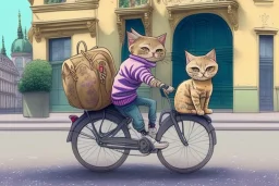 One single cat wearing jeans and sweater, riding on a bike in Vienna, perfect iris, manga style, cute